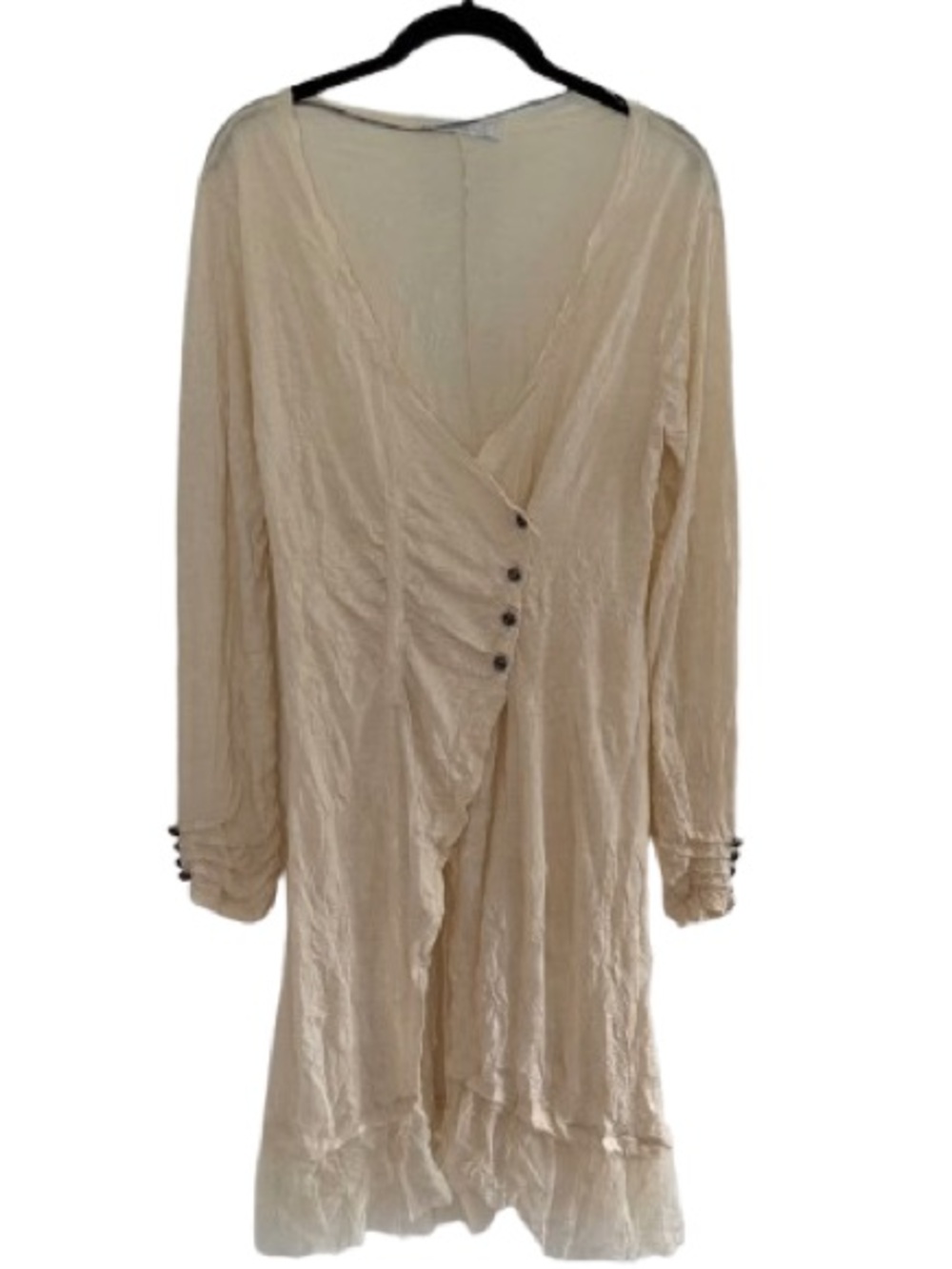 Lauren Vidal Wrap Tunic Top Long Sleeve Lace Cream Tulle Hem Crinkle Textured